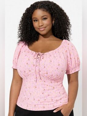 Torrid Challis Puff Sleeves Crop Top Ditsy Floral Pink 1X Feminine Romantic